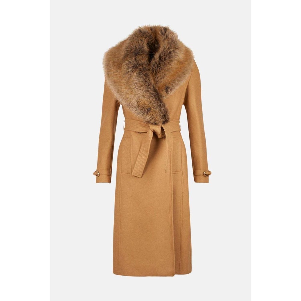 Karen Millen Italian Wool Cashmere Faux Fur Collared Belted Coat Camel US 4